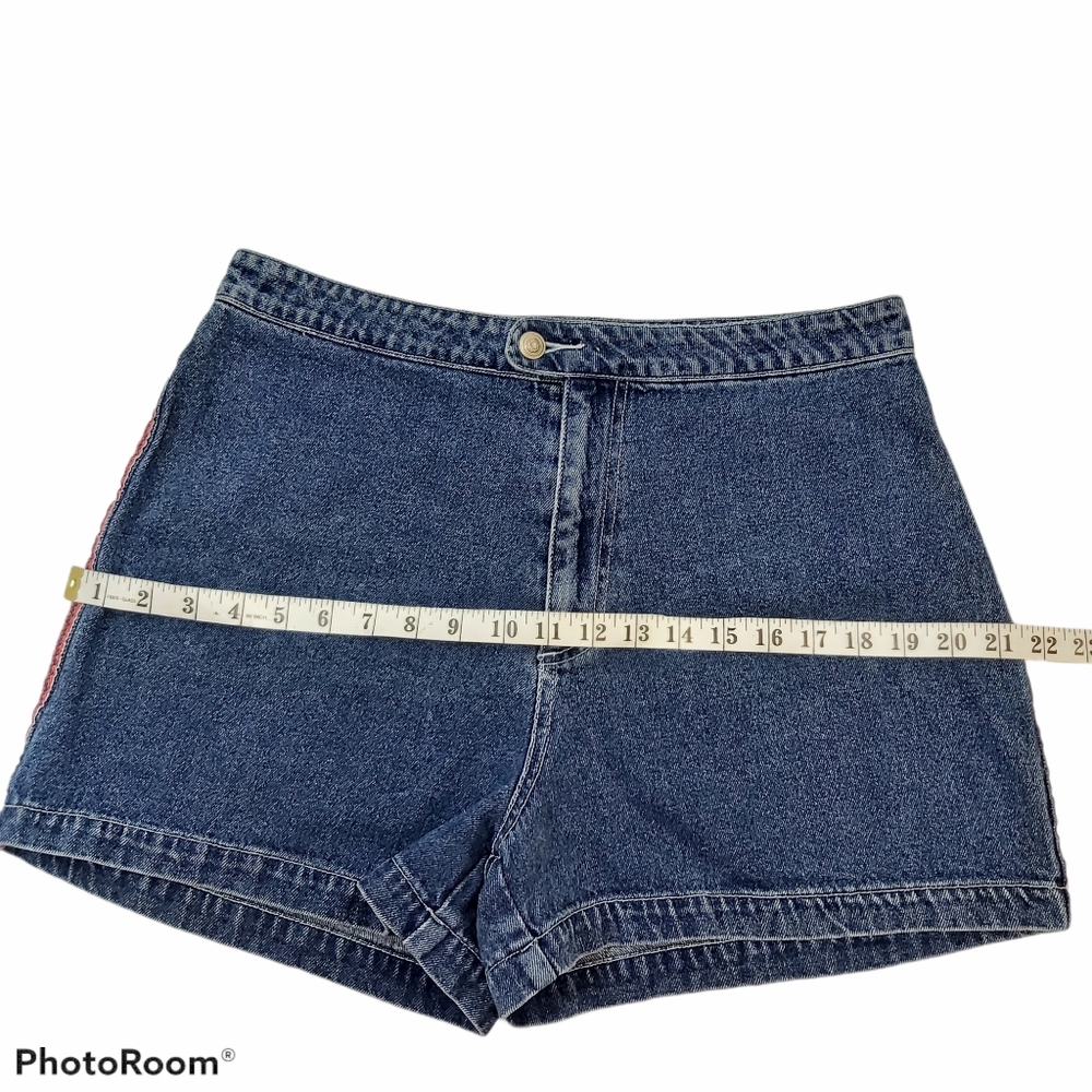 Blue High Rise Red Stripe Cotton Denim Shorts - Picture 5 of 10